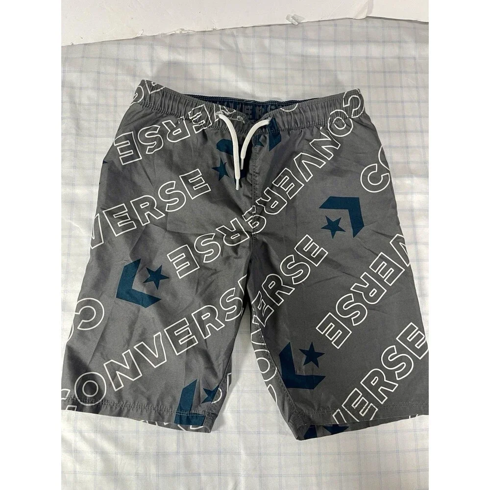 Converse Boys Swim Trunks Size Large L 12-13 Gray Blue Logo Board Shorts Mesh